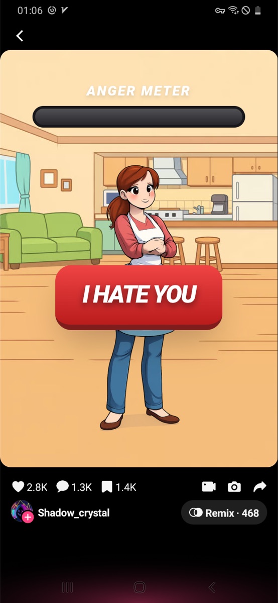 Anger Meter screen with I HATE YOU button and meter bar.