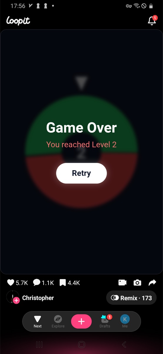 Arrow Timing Wheel game over screen saying the player reached Level 2.
