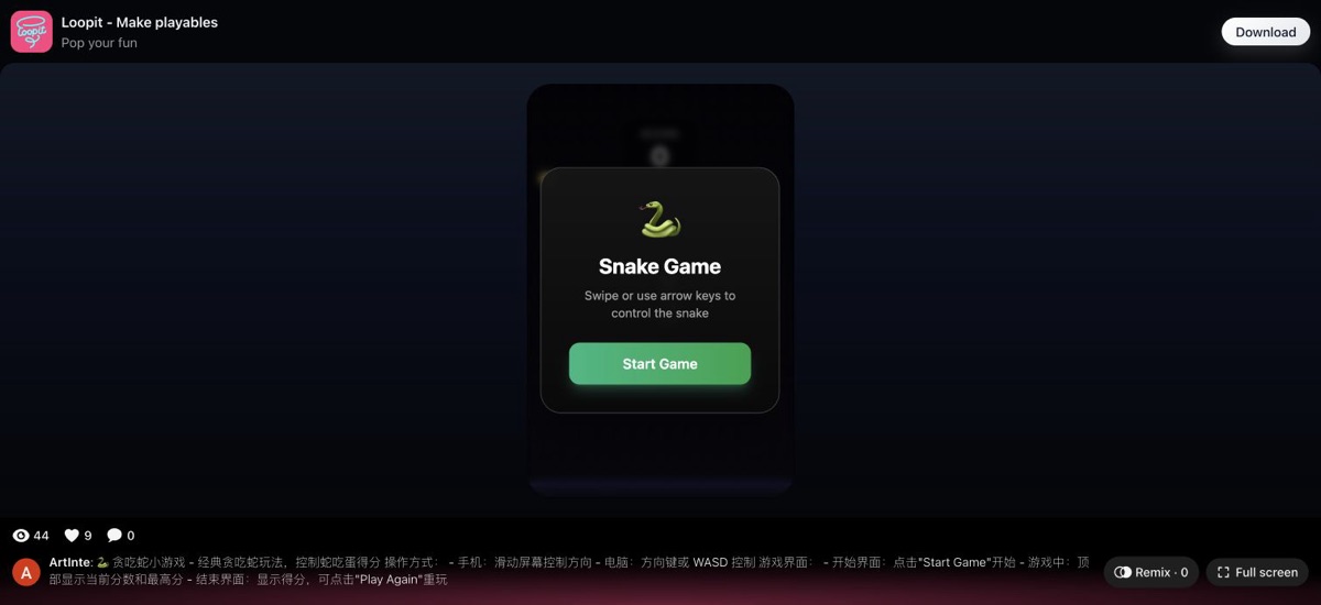 Snake Game start card with Score 0 and the Start Game button on Loopit