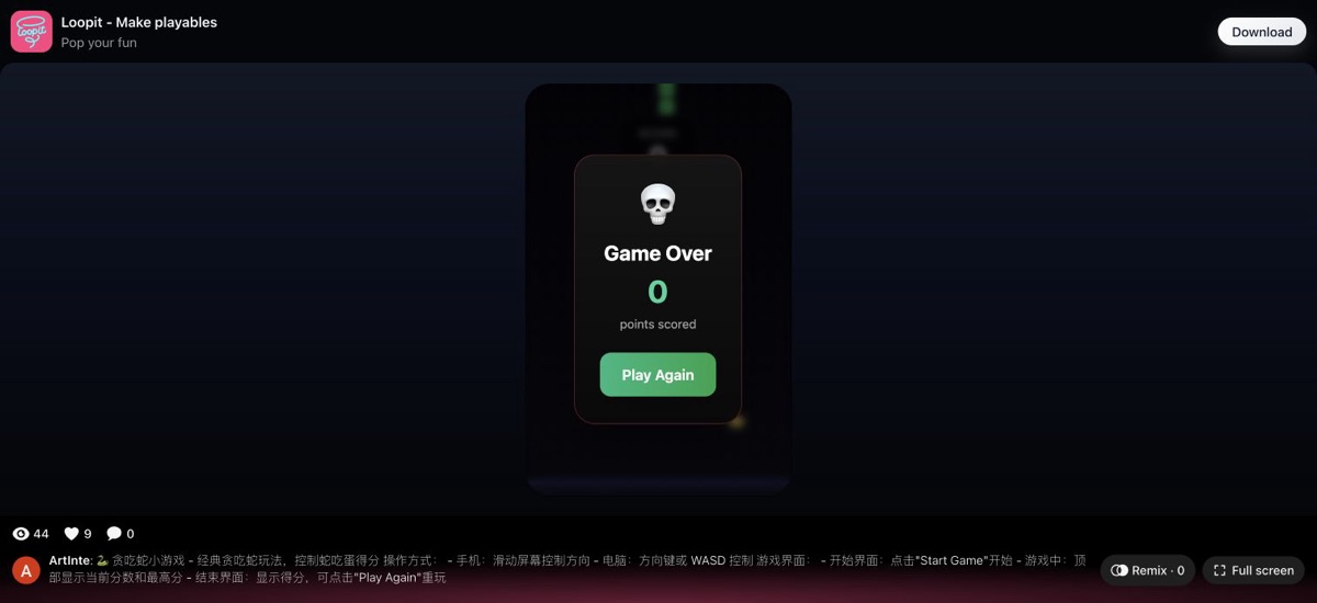 Snake Game Game Over screen showing 0 points scored on Loopit