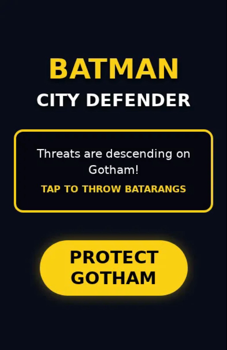 Batman City Defender Loopit preview with Protect Gotham button and batarang tap prompt.