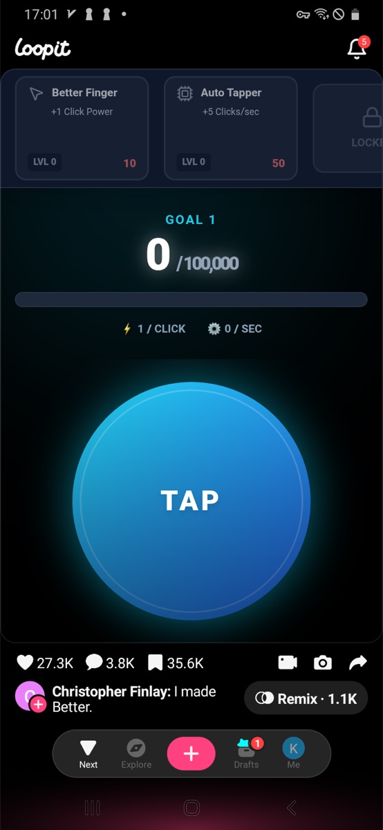 Loopit Better Finger Clicker starting screen with Goal 1 and a large blue TAP button.