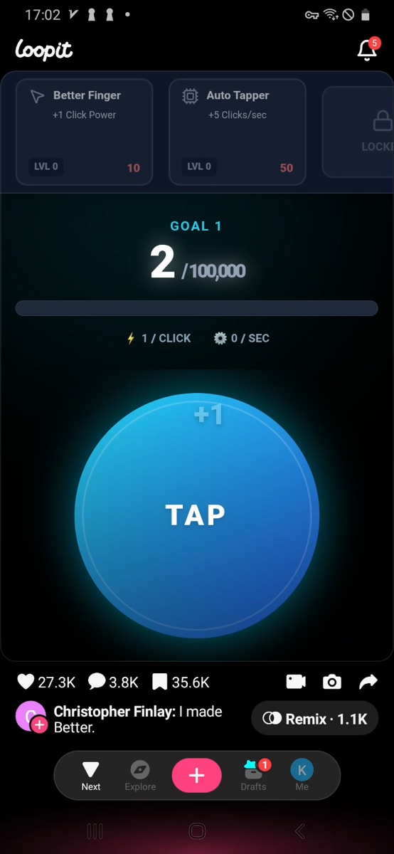 Loopit Better Finger Clicker showing early click progress after several taps.