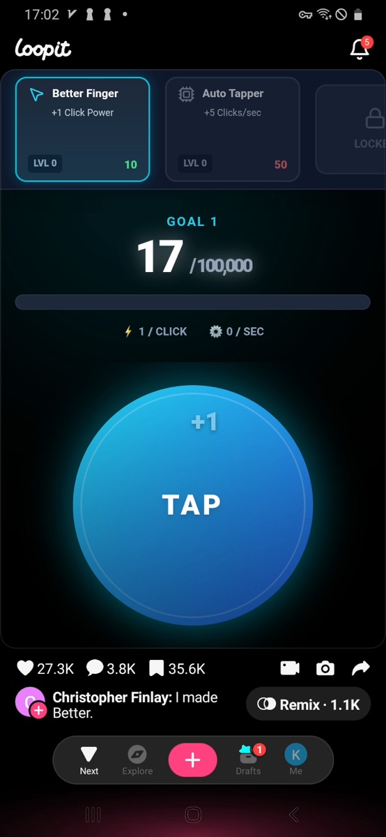 Loopit Better Finger Clicker showing 19 progress toward Goal 1.