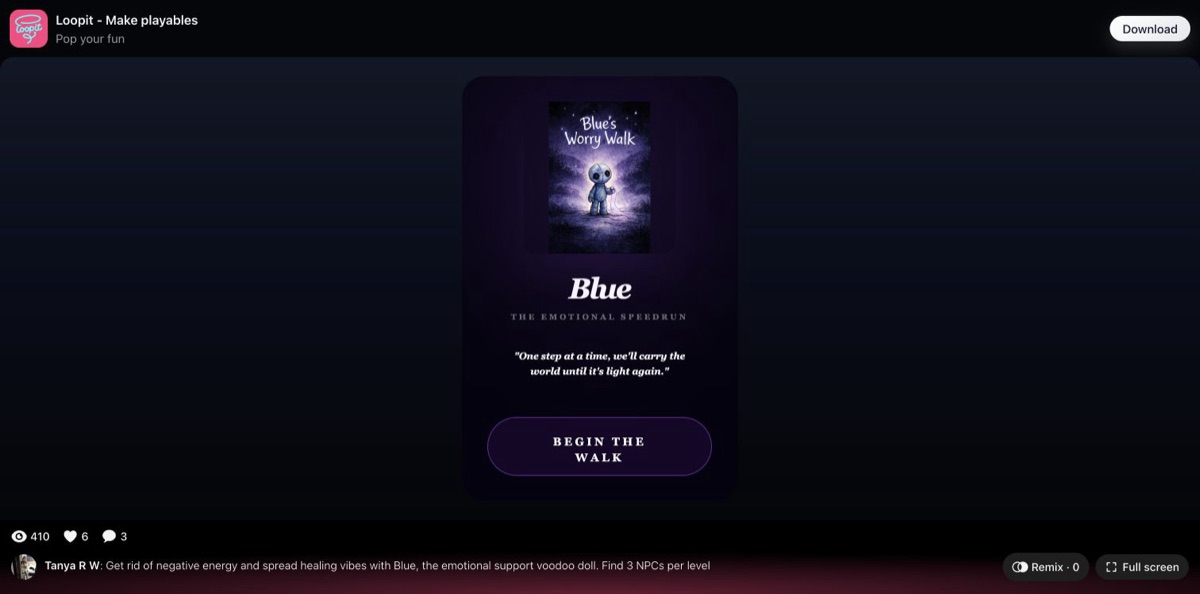 Blue title card with the Begin the Walk button on the Loopit share page