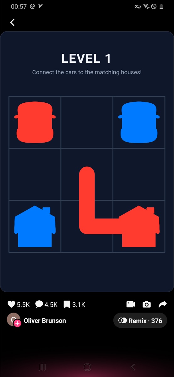 Car House Connect Level 1 board with red and blue cars and houses.