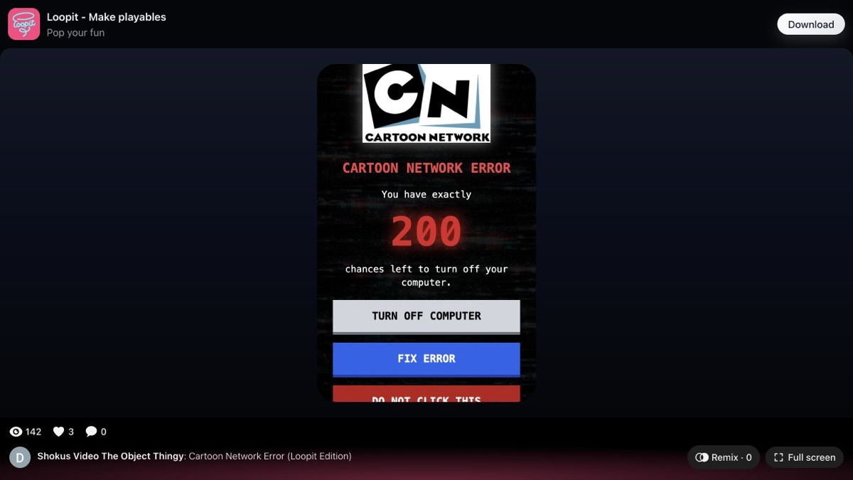 Cartoon Network Error start screen showing exactly two hundred chances.