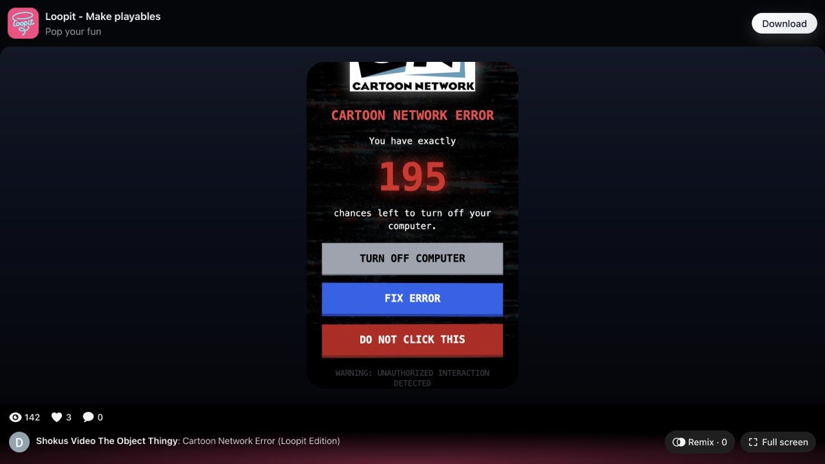 Cartoon Network Error after Turn Off Computer showing one hundred ninety-five chances.