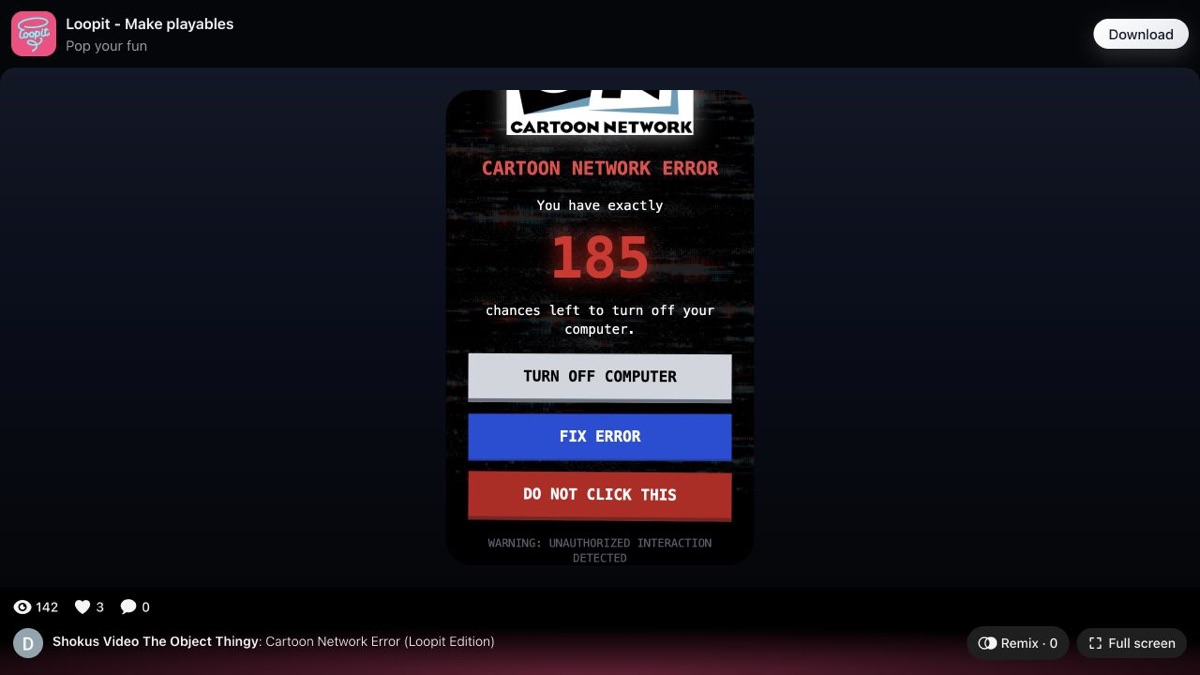 Cartoon Network Error after Fix Error showing one hundred eighty-five chances.
