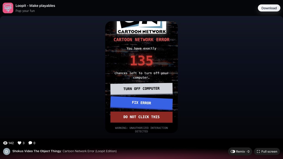 Cartoon Network Error after Do Not Click This showing one hundred thirty-five chances.
