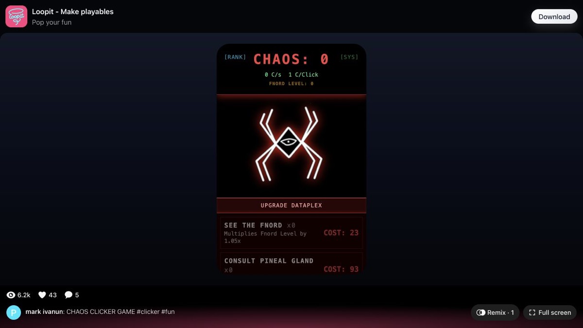 Chaos Clicker Game at CHAOS zero with the Upgrade Dataplex list.