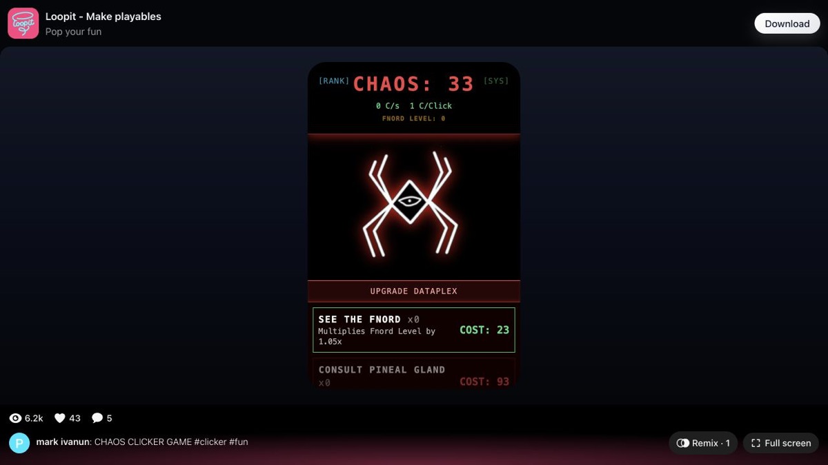 Chaos Clicker Game after tapping beyond the first upgrade cost.