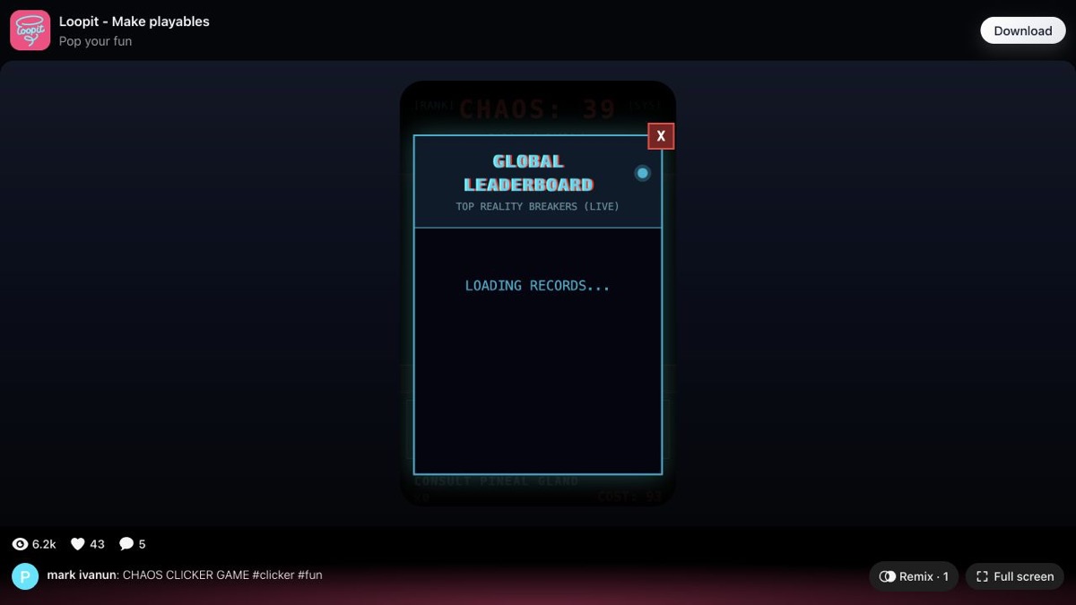 Chaos Clicker Game Global Leaderboard modal.