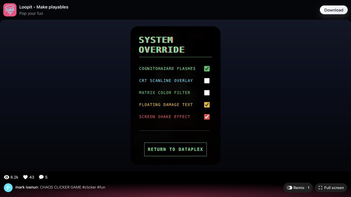 Chaos Clicker Game System Override settings panel.