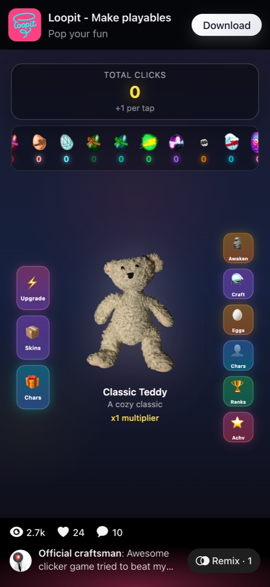 Classic Teddy Bear Clicker starting screen with Total Clicks zero.