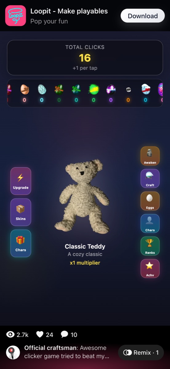Classic Teddy Bear Clicker after tapping showing Total Clicks sixteen.