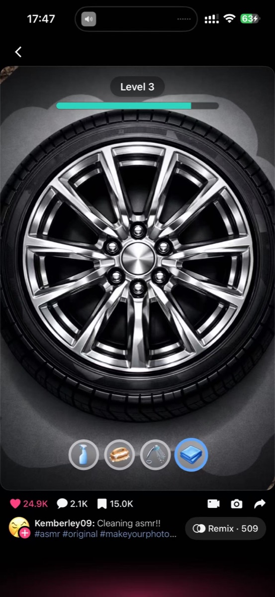 Loopit Cleaning ASMR Level 3 wheel with the top progress bar and four bottom tool icons.