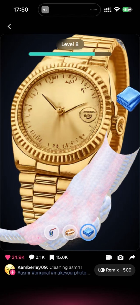 Loopit Cleaning ASMR Level 8 gold watch being cleaned with a cloth-like tool.