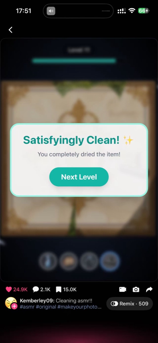 Loopit Cleaning ASMR Satisfyingly Clean result overlay after a later level.