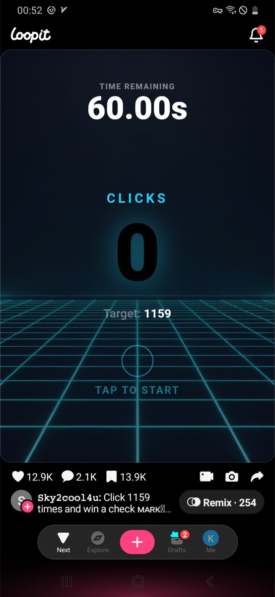 Click 1159 Check Mark start screen with 60 seconds, clicks zero, and target 1159.