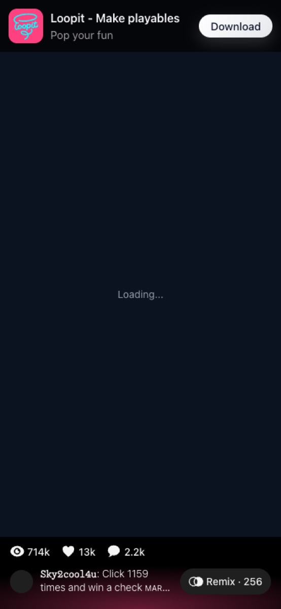 Click 1159 Check Mark share page stalled at Loading because the Loopit CDN did not serve the playable.