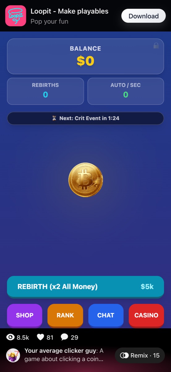 Coin Clicker Hint starting screen with Balance zero and a central coin.