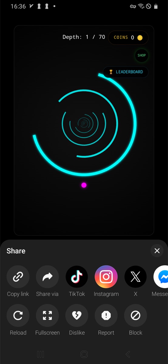 Loopit Coin Spiral Descent starting screen showing Depth 1 of 70, coins, shop, and leaderboard.