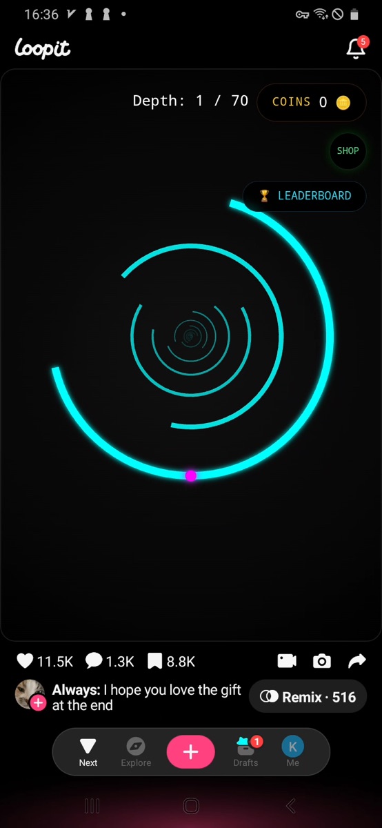 Loopit Coin Spiral Descent with the pink ball below a cyan spiral gap.