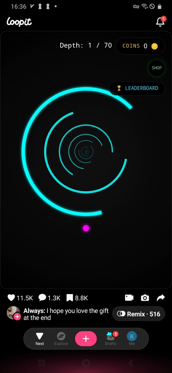 Loopit Coin Spiral Descent showing a different gap position after control input.