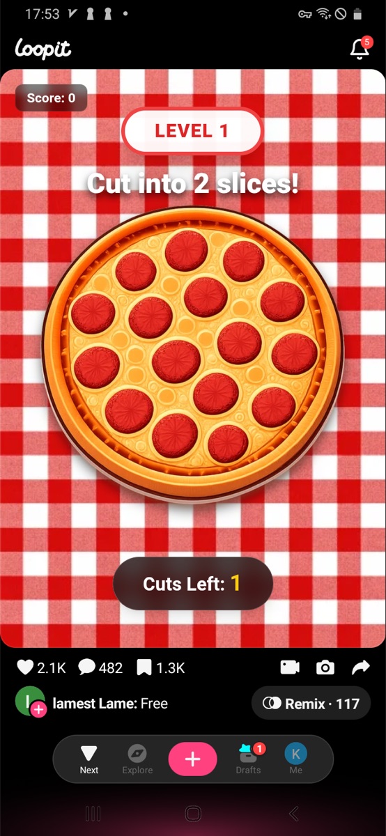 Cut Into Slices level 1 pizza with one cut left and score zero.