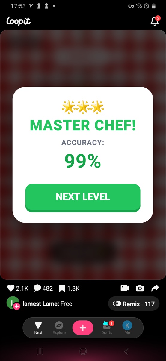 Cut Into Slices level 1 result popup showing Master Chef and 99 percent accuracy.