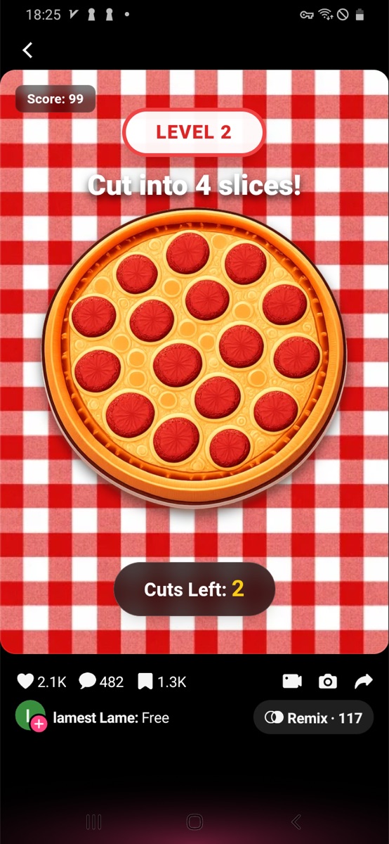 Cut Into Slices level 2 screen asking for 4 slices with 2 cuts left.
