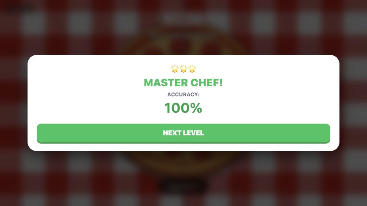 Cut Into Slices July 13 Level 1 result showing Master Chef, three stars, and 100 percent accuracy.