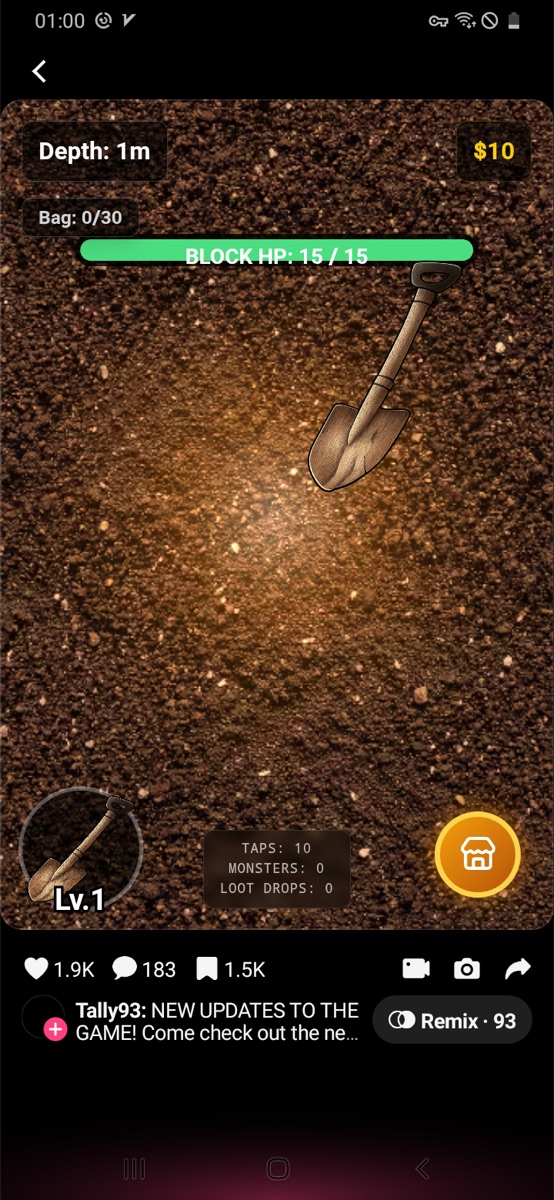 Depth Digging HUD at Depth 1m with $10 and taps 10.