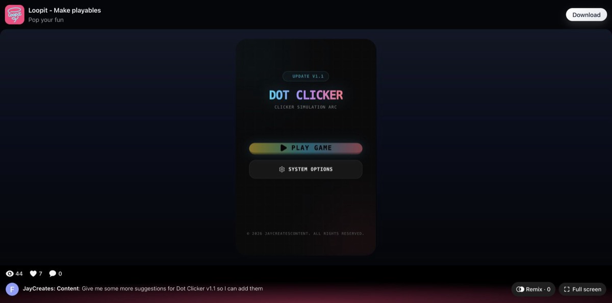 Dot Clicker update card with Play Game on the share page.