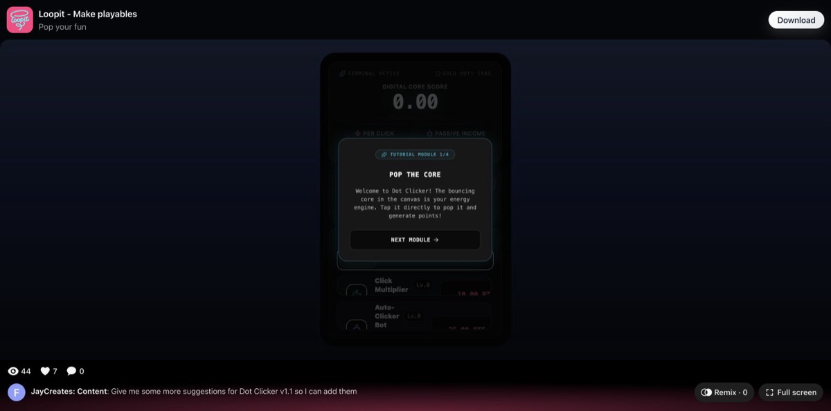 Dot Clicker Terminal Active HUD after starting the game.