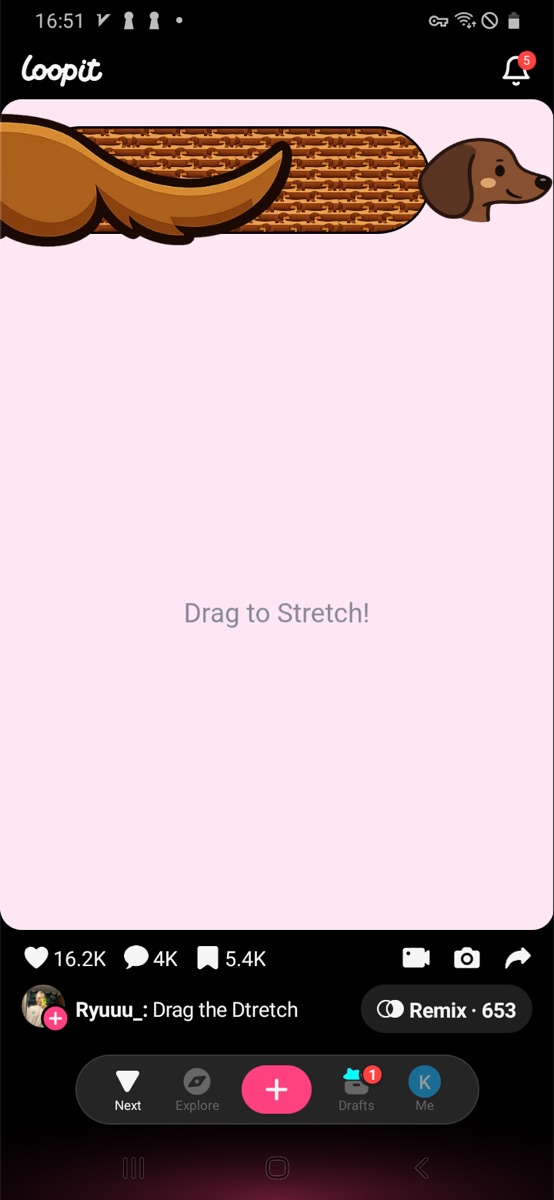Loopit Drag to Stretch starting screen with a long dog-like character on a pink background.