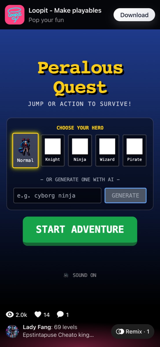 Epstintapuse 69 Levels opening screen with Peralous Quest and hero choices.