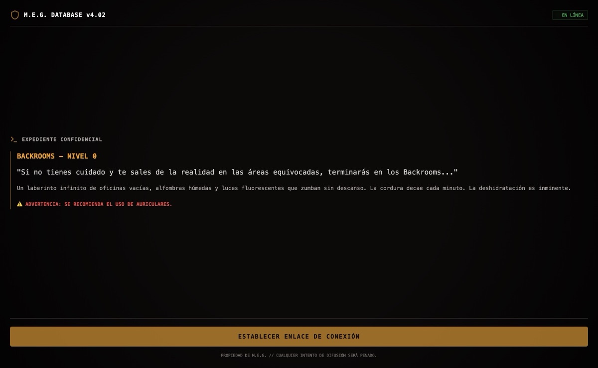 M.E.G. database entry for Backrooms Nivel 0 with the connection button.