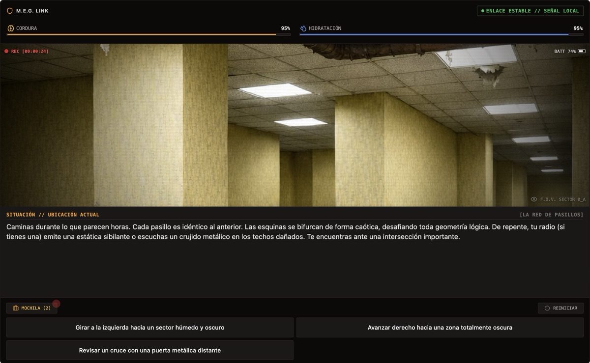 Escapa de los Backrooms route screen after collecting backpack items.