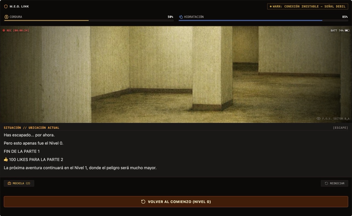 Escapa de los Backrooms final ESCAPE screen showing FIN DE LA PARTE 1.