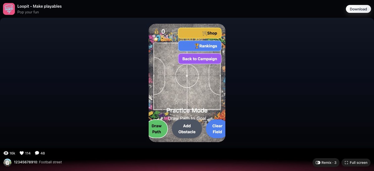 Football Street practice menu with Practice / Make Level visible.