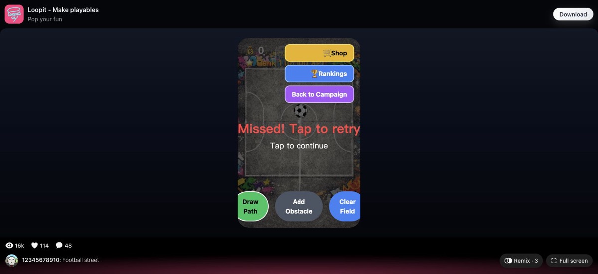 Football Street showing the Missed! Tap to retry state after a drawn shot.