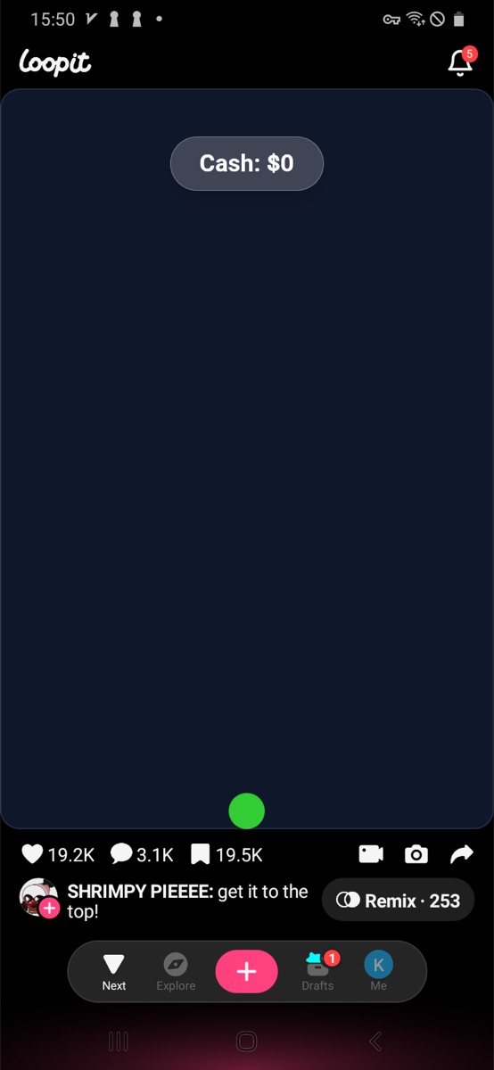 Loopit Get It to the Top starting screen with Cash 0 and green ball at the bottom.