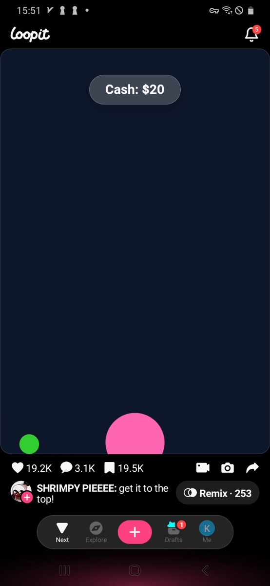 Loopit Get It to the Top showing Cash 20 with the pink ball entering the playfield.