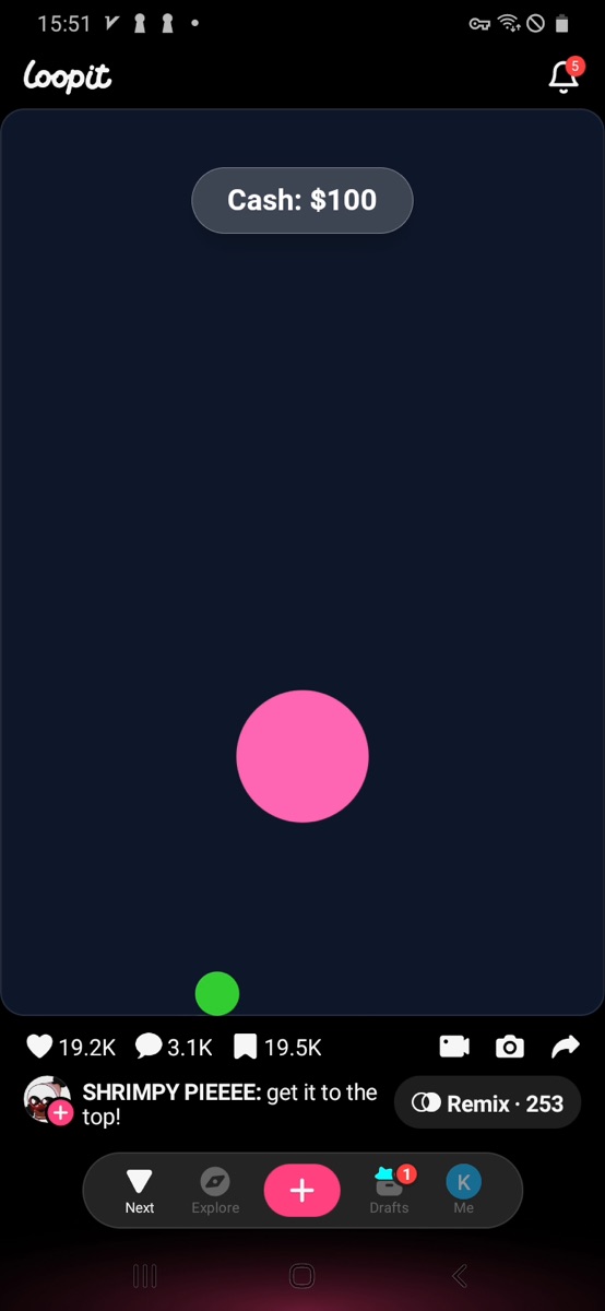 Loopit Get It to the Top showing Cash 100 with the green ball near the bottom and pink ball above it.
