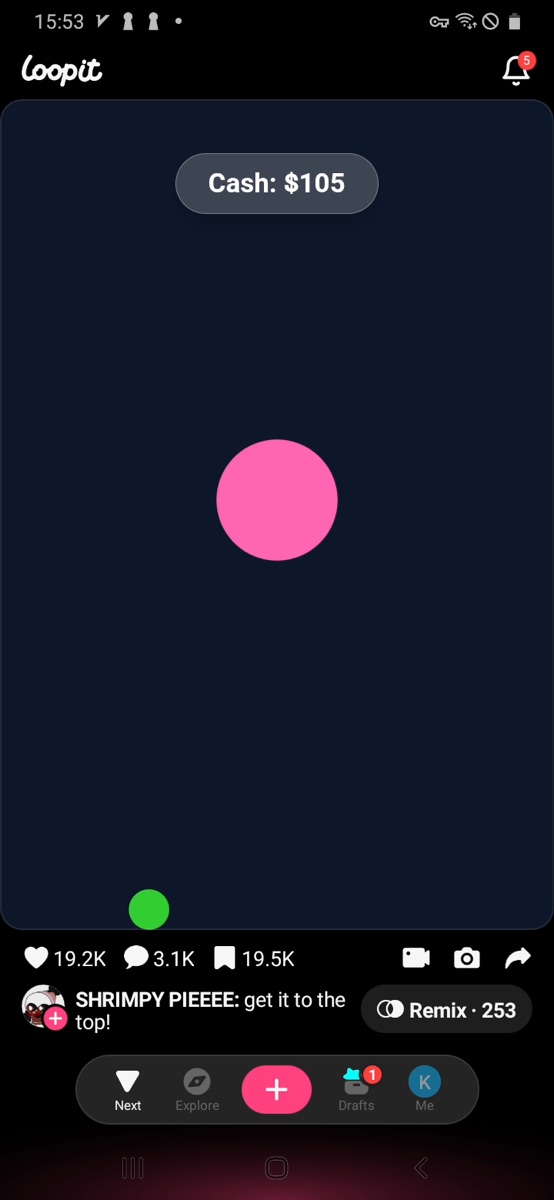Loopit Get It to the Top showing Cash 105 with the pink ball in the center of the field.