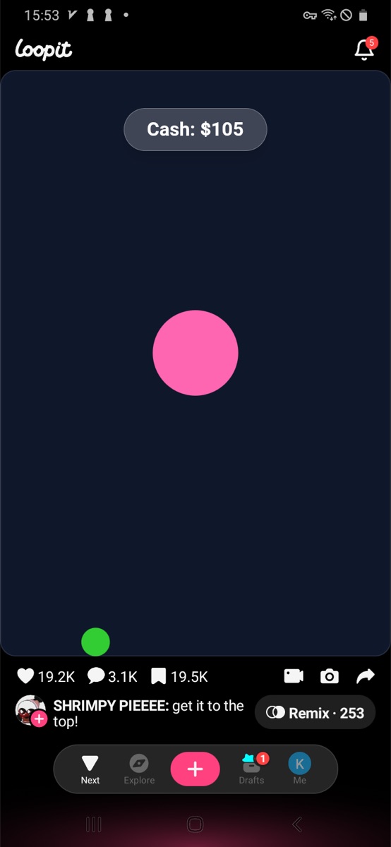 Loopit Get It to the Top current state with green ball near the bottom and pink ball above it.