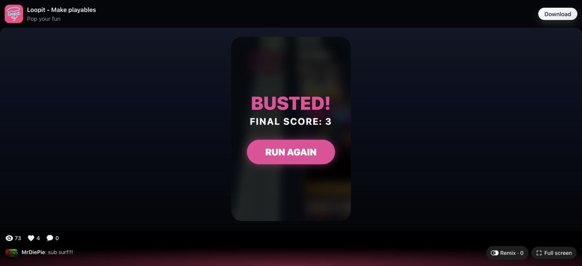 Graffiti Runner live run view with lane-switch and jump prompts on Loopit