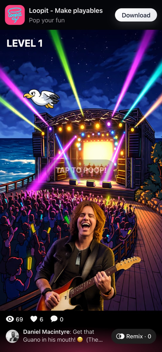 Guano Drop Level 1 concert stage with bird and tap prompt.